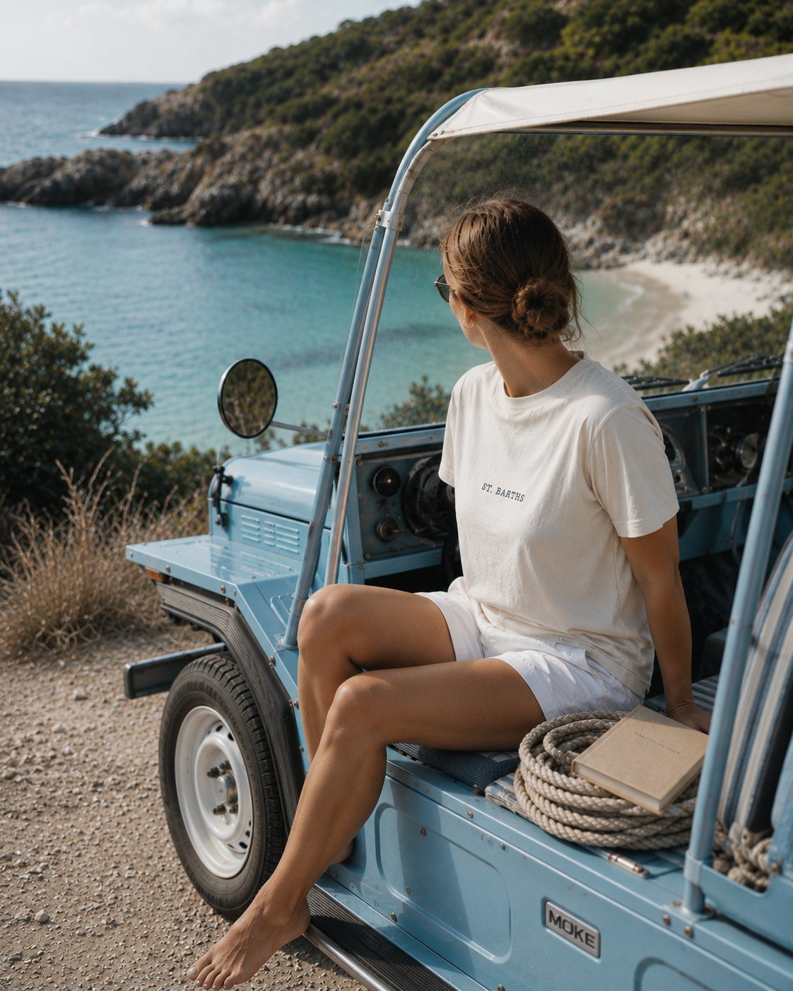 End of the dirt road — Moke at an unmarked cove