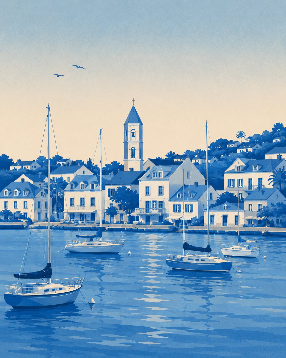 Painterly illustration of Gustavia Harbor — bell tower, whitewashed buildings, moored sailboats