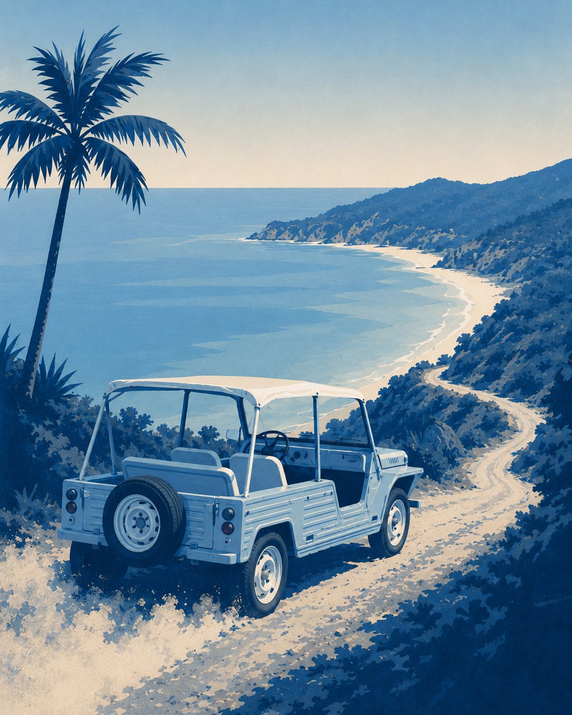 Painterly illustration of a Moke on a coastal switchback above a curving Caribbean beach