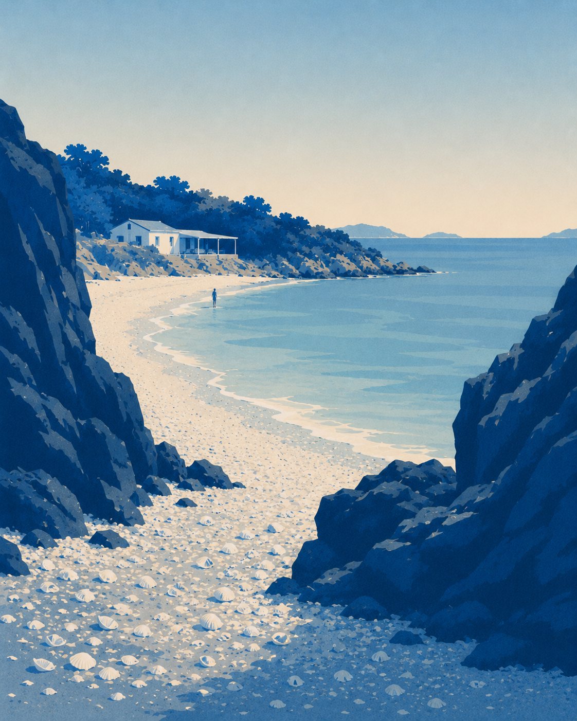 Painterly illustration of Shell Beach — dark boulders framing a pebble cove with a small whitewashed building