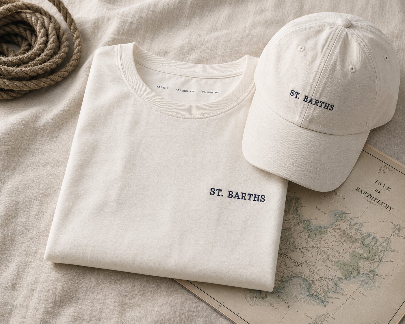 The Saline Set — folded cream tee and cap with rope and an antique St. Barths map
